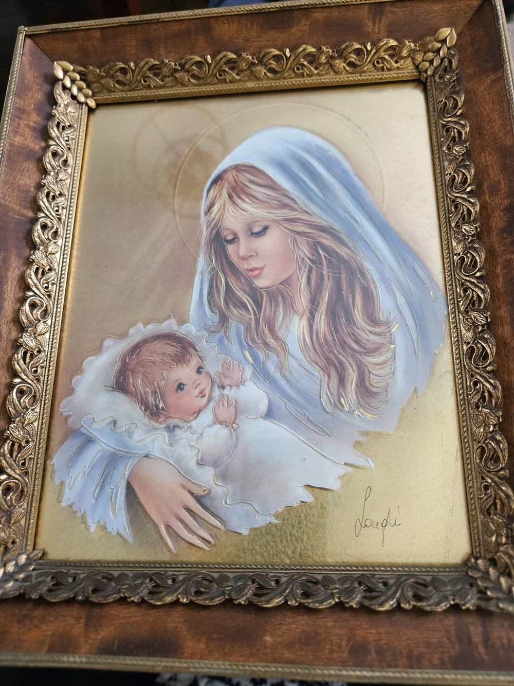 Framed Madonna and Child Religious Print in Soft Blue and Gold